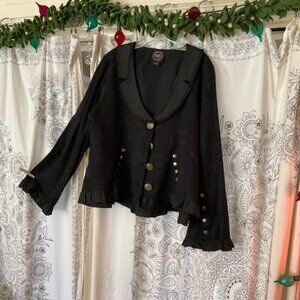 Black jacquard, single breasted jacket, ruffled hem, buttoned ruffle sleeves,2xl